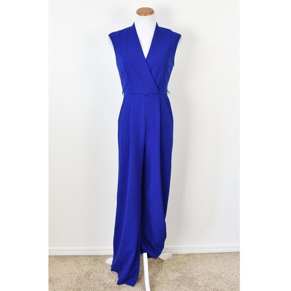 Calvin Klein V-Neck Faux Wrap Wide Leg Jumpsuit Royal Blue - 4 - Picture 1 of 9